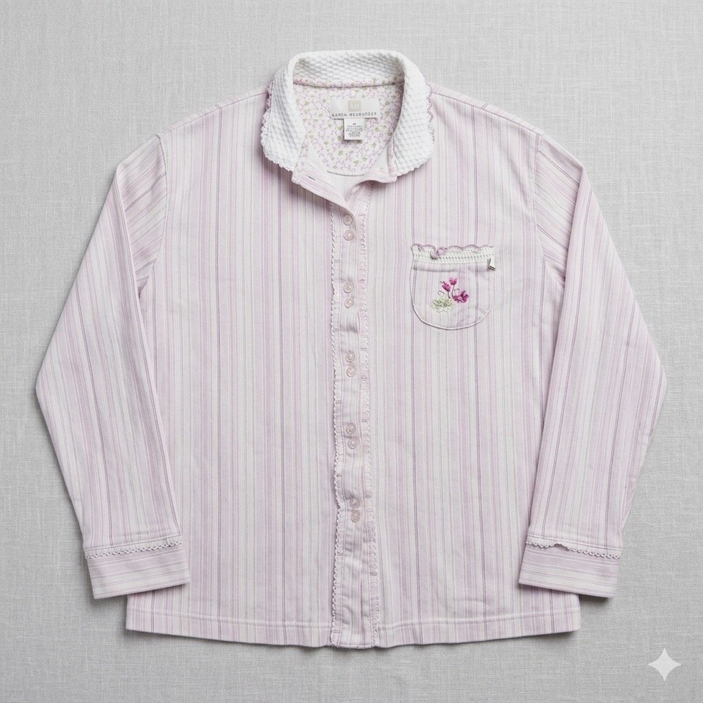 Karen Neuburger Pajama Top Womens Medium Pink Striped Floral Knit Sleep Shirt M